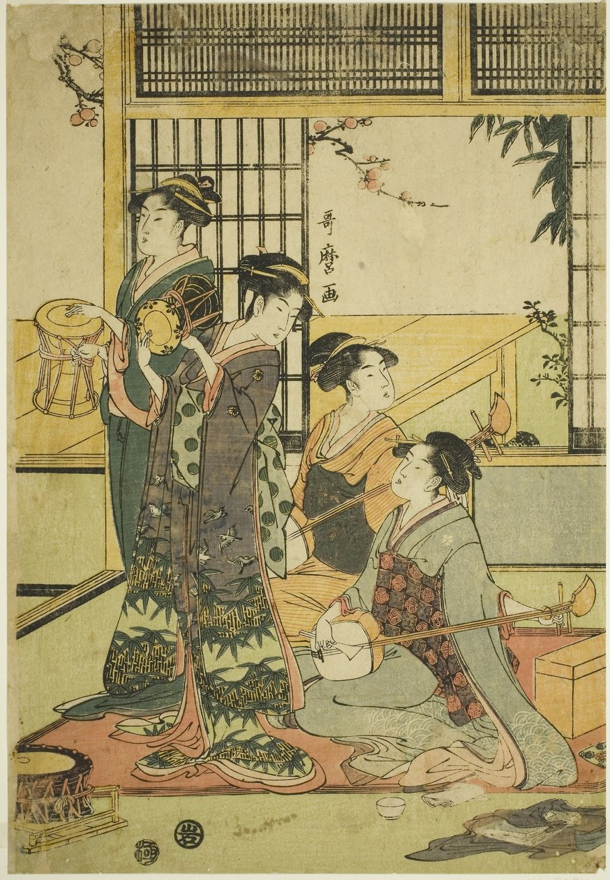 Davul ve Şamisen (renkli tahta baskı; aiban) by Kitagawa Utamaro