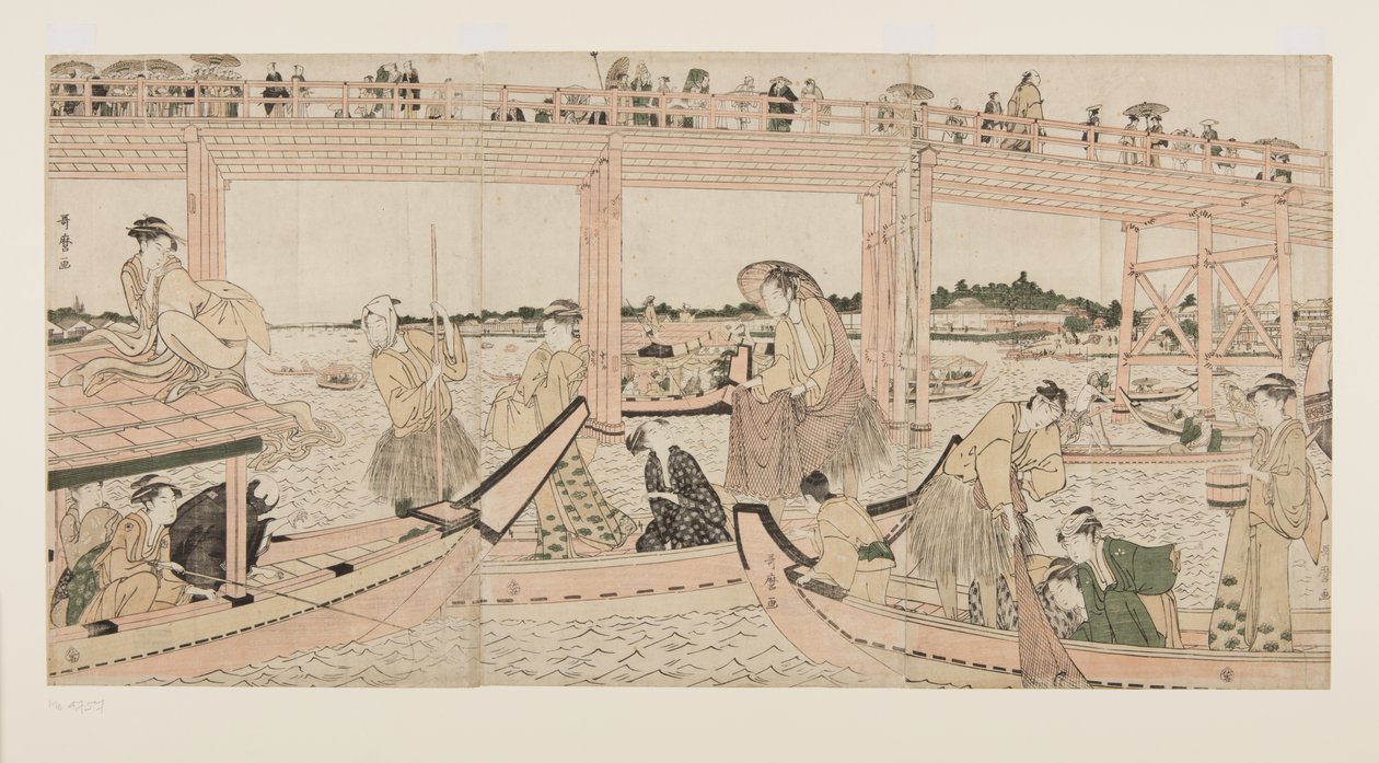 Rygoku Köprüsü Altında Ağlı Balıkçı Tekneleri (renkli tahta baskı) by Kitagawa Utamaro