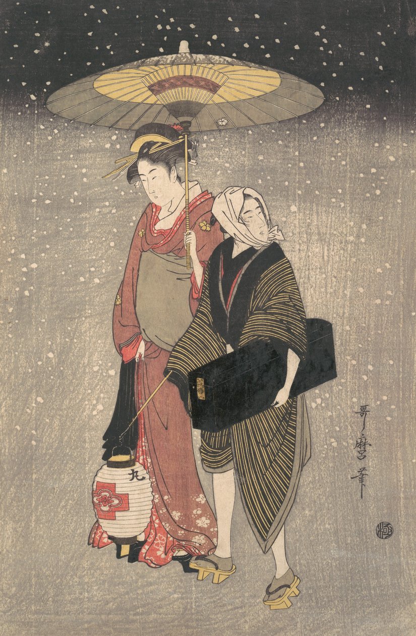 Geceleri Karda Yürüyen Geyşa, ca. 1797. by Kitagawa Utamaro