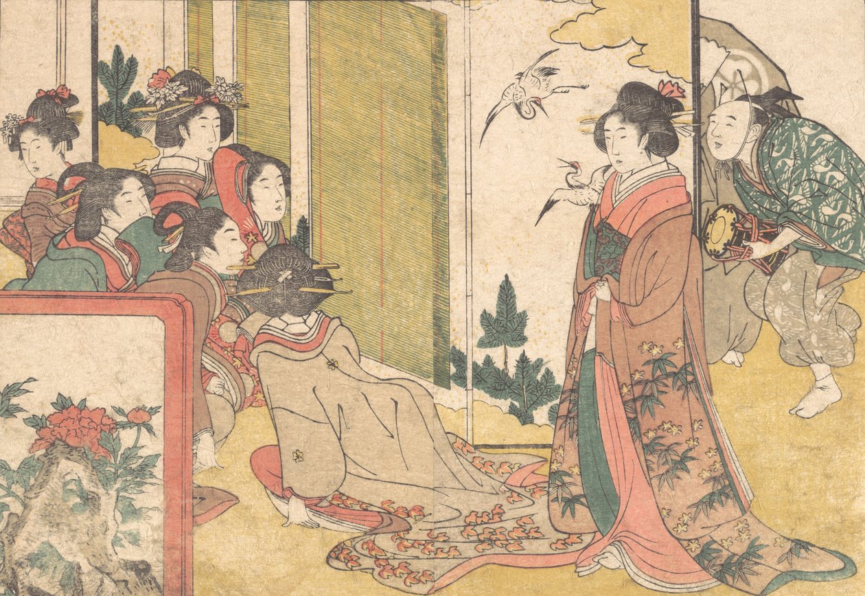 Göstericiler Tarafından Eğlendirilen Kızlar, Dört Mevsim Çiçekleri, 1801 adlı resimli kitaptan. by Kitagawa Utamaro