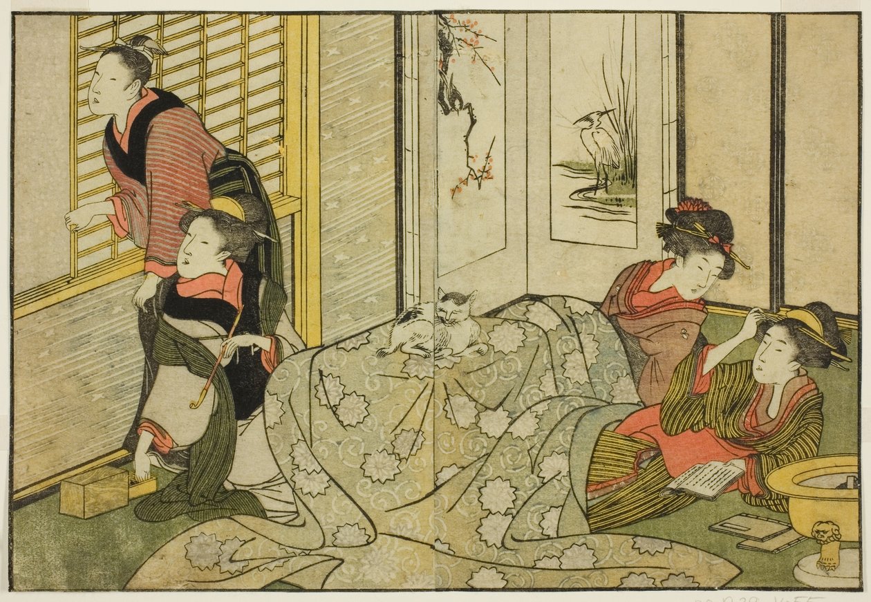 Karlı Bir Günde İç Mekan, resimli kitaptan "Resimli Kitap: Dört Mevsim Çiçekleri (Ehon shiki no hana)," cilt. 2 by Kitagawa Utamaro