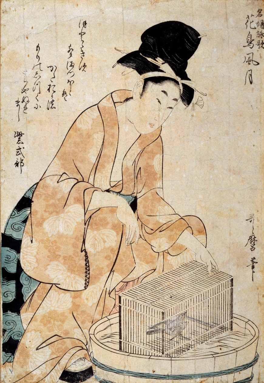 Japon sanatı: kuş kafesinin önünde oturan kadın. Outamaro (Utamaro) Kitagawa