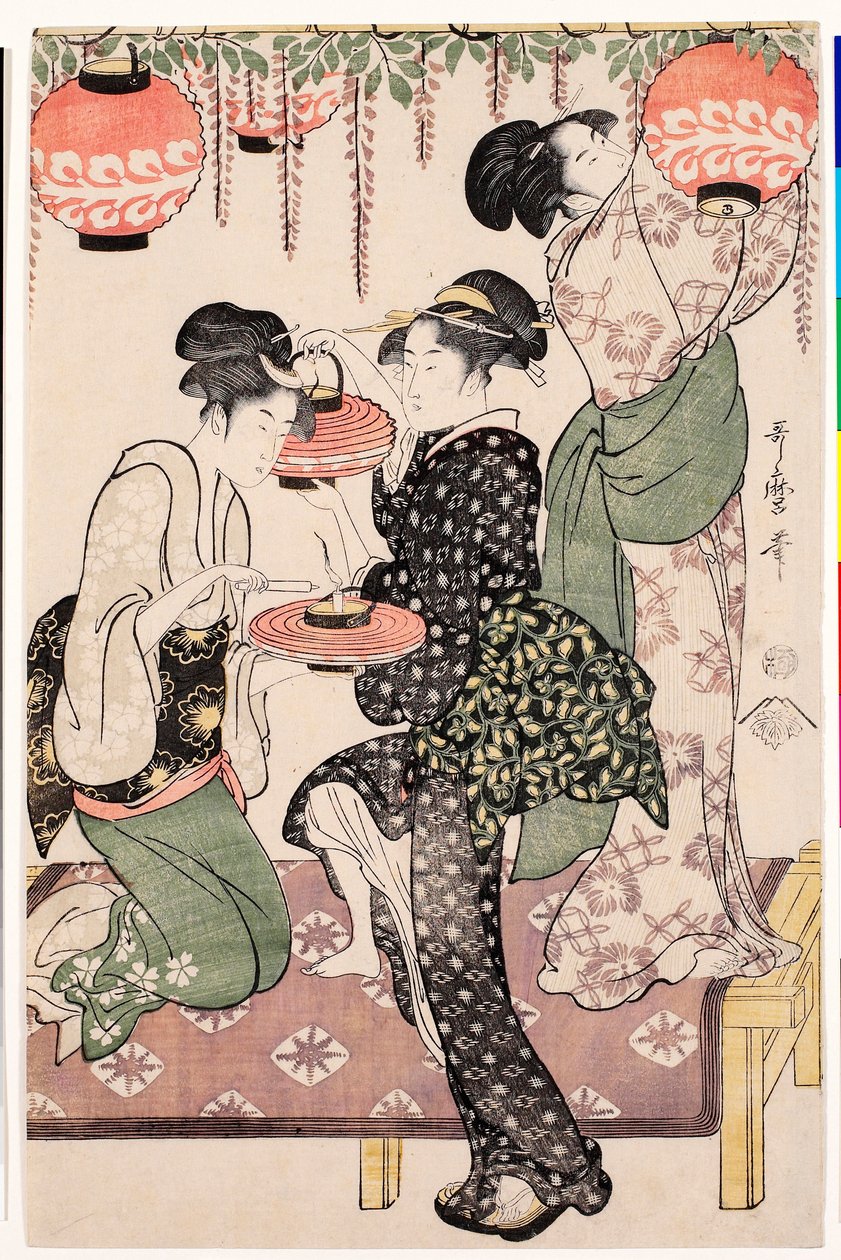 Bir Japon çay evinden genç kızlar, bir salkım espalierinden fenerler asıyor - Baskı Kitagawa Utamaro (1753-1806), yaklaşık 1795, linocut - Bir wisteria espalier