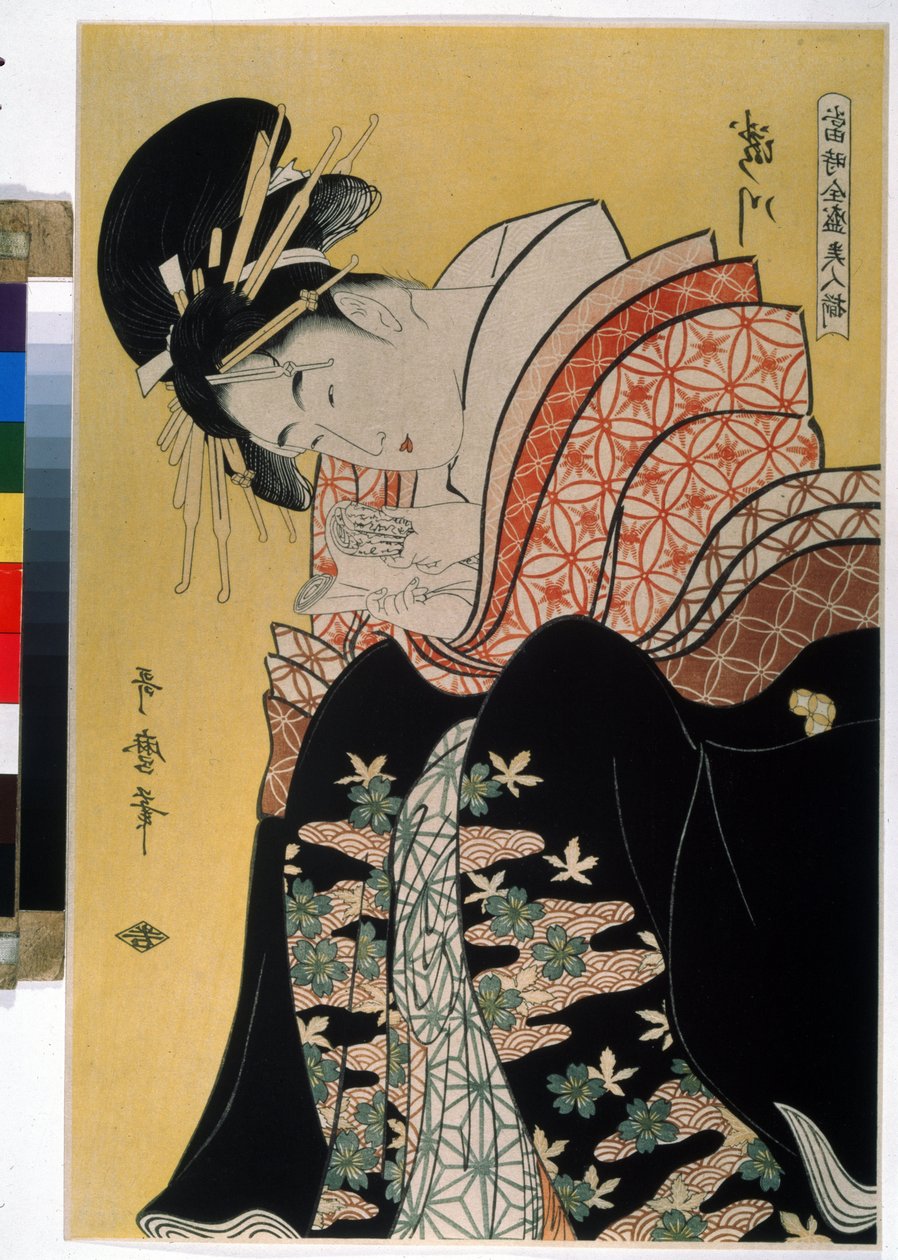 La belle Takigawa de la maison de the Ogi (Ogi çay evinden Güzel Takigawa). Ünlü çağdaş güzellikler dizisinde (günümüzün ünlü güzelliği). Kitagawa Utamaro