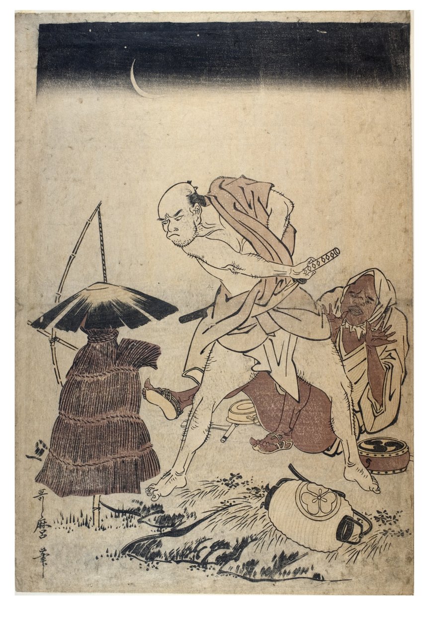 Adam karanlık bir gecede korkuluğu tehdit ediyor, c.1758-1806 (tahta baskı kağıt yok) by Kitagawa Utamaro