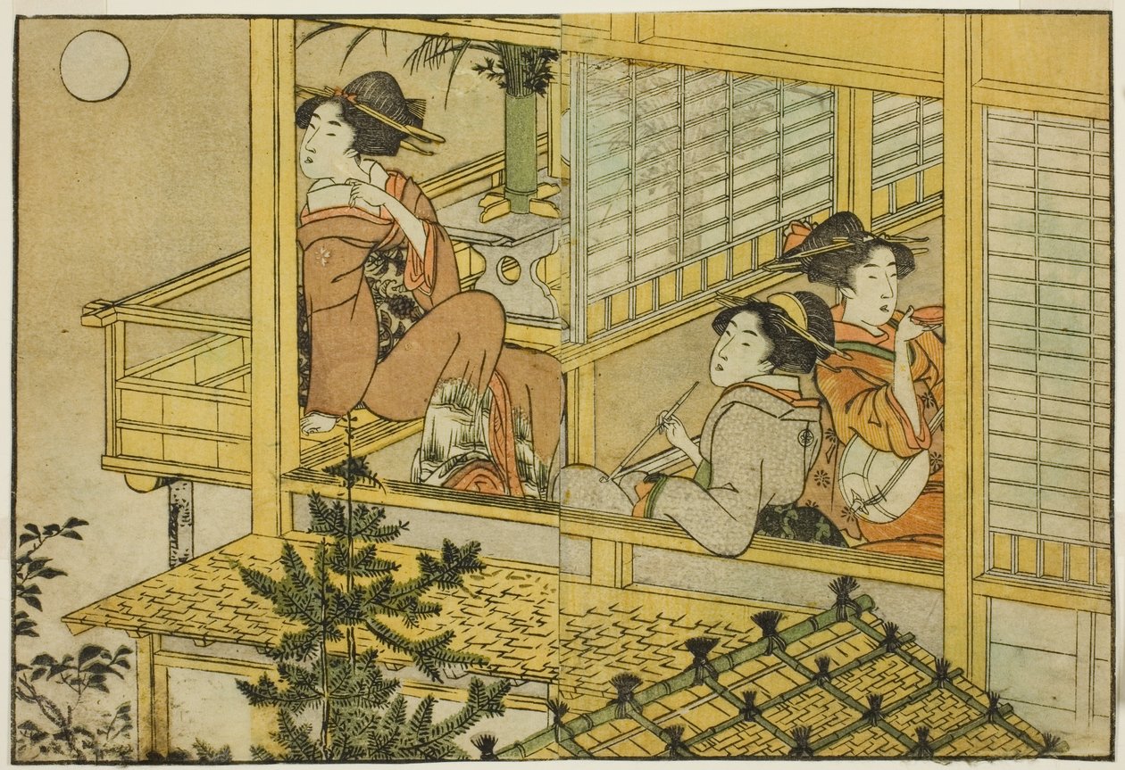 Ay Görüntüleme Partisi, resimli kitaptan "Resimli Kitap: Dört Mevsim Çiçekleri (Ehon shiki no hana)," cilt. 2 by Kitagawa Utamaro