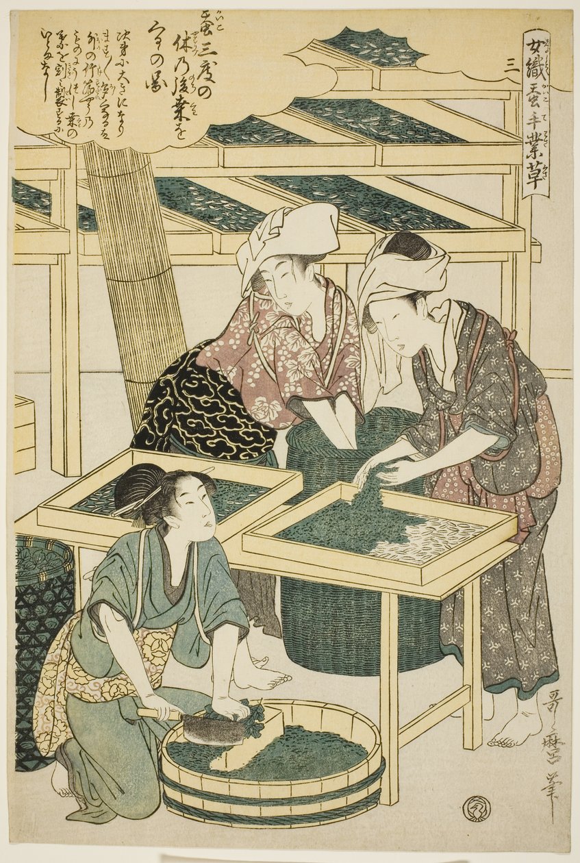 No. 3 (san), "İpek Kültürü Sektöründe Çalışan Kadınlar (Joshoku kaiko tewaza-gusa)" serisinden by Kitagawa Utamaro