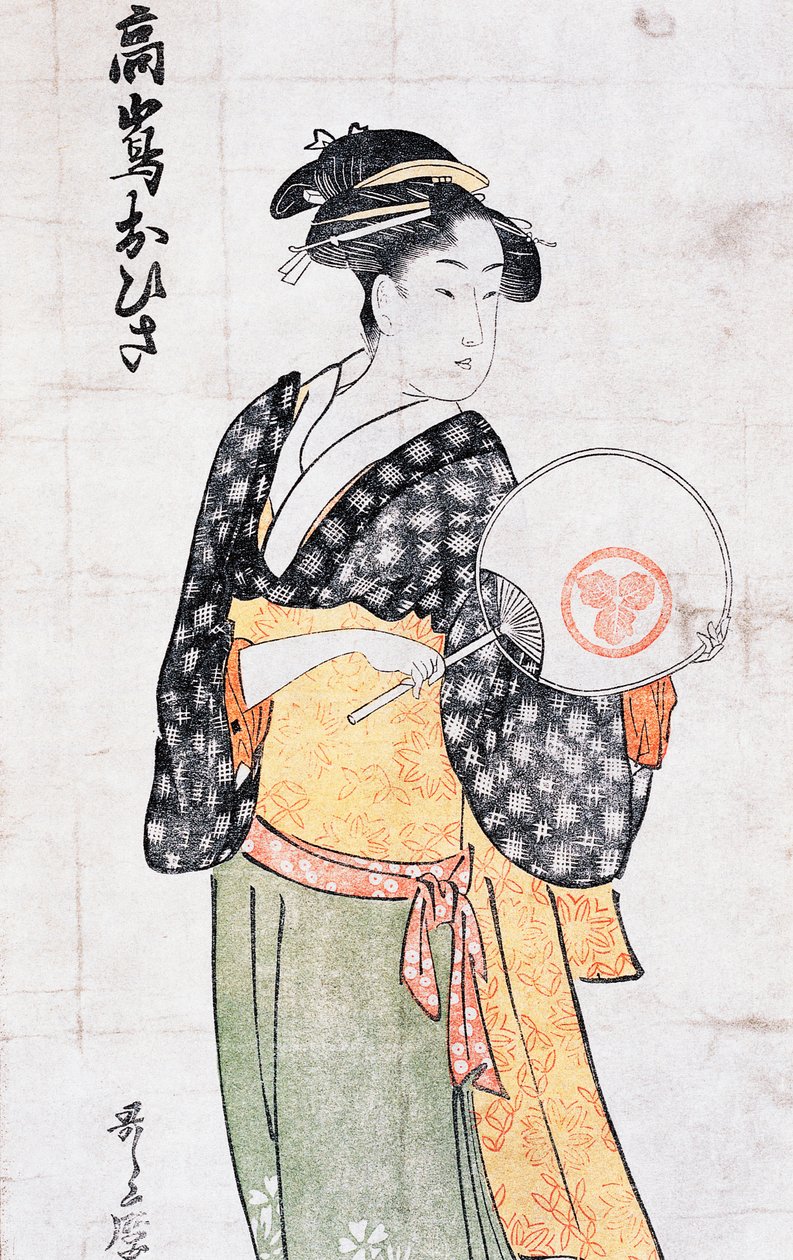Takashima çayevinden Ohisa, yelpazeli kimonolu kadın, Kitagawa Utamaro (1753-1806) tarafından ukiyo-e sanat baskısı, gravür, Japon uygarlığı, Edo dönemi by Kitagawa Utamaro