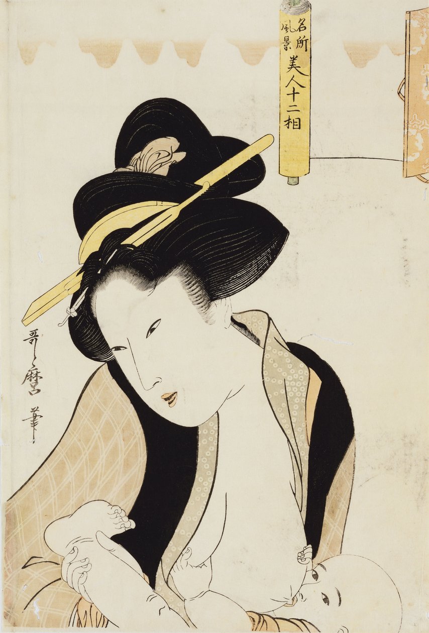 "Ünlü Yerlerin Manzaralı On İki Tipi Güzel Kadın" serisinden çocuğunu emziren bir annenin portresi by Kitagawa Utamaro