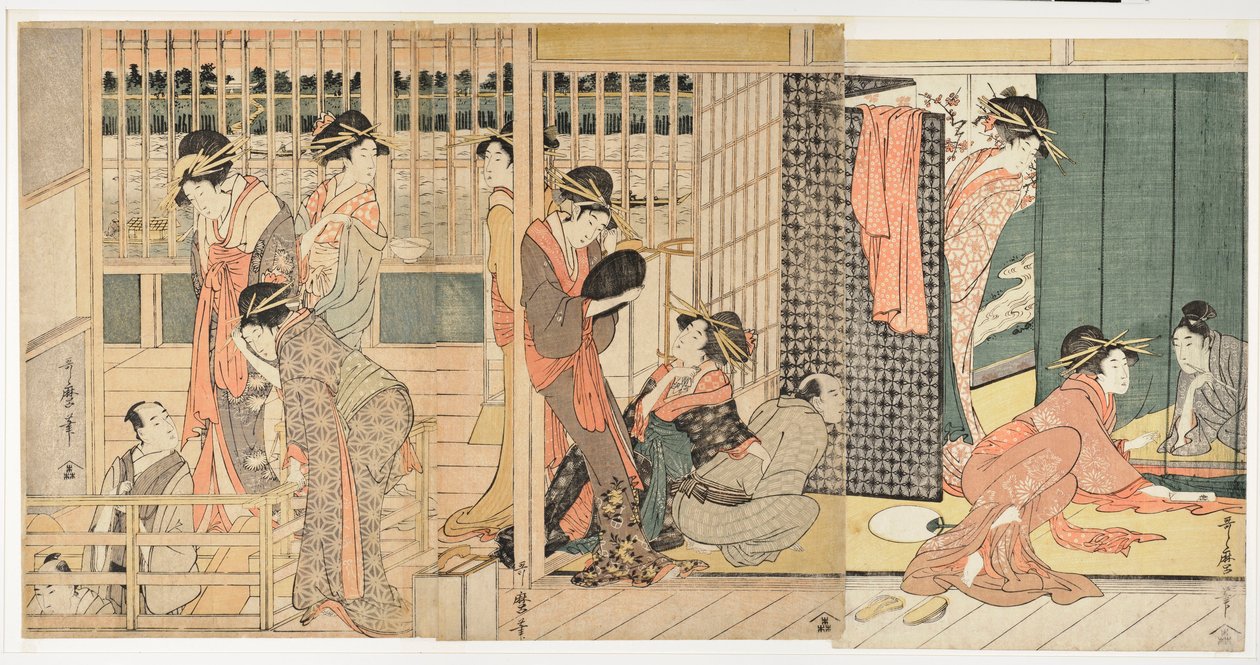 Bir Japon "hoşgörü evinde" (karitaku) sabah sahnesi - Kitagawa Utamaro tarafından yazdırın (1753-1806) by Kitagawa Utamaro