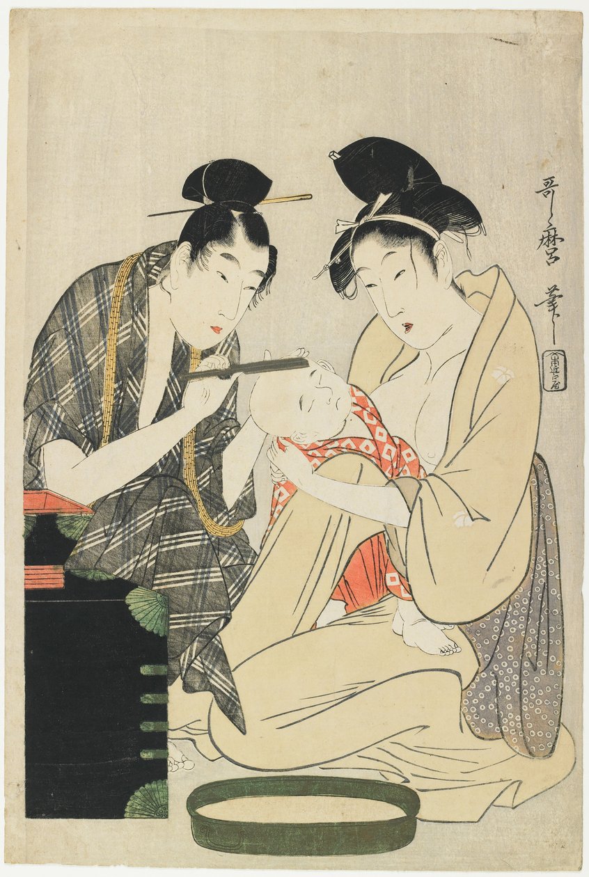 Bir Çocuğun Kafasının Tıraşlanması, Edo Dönemi, c.1801 (renkli tahta baskı) by Kitagawa Utamaro