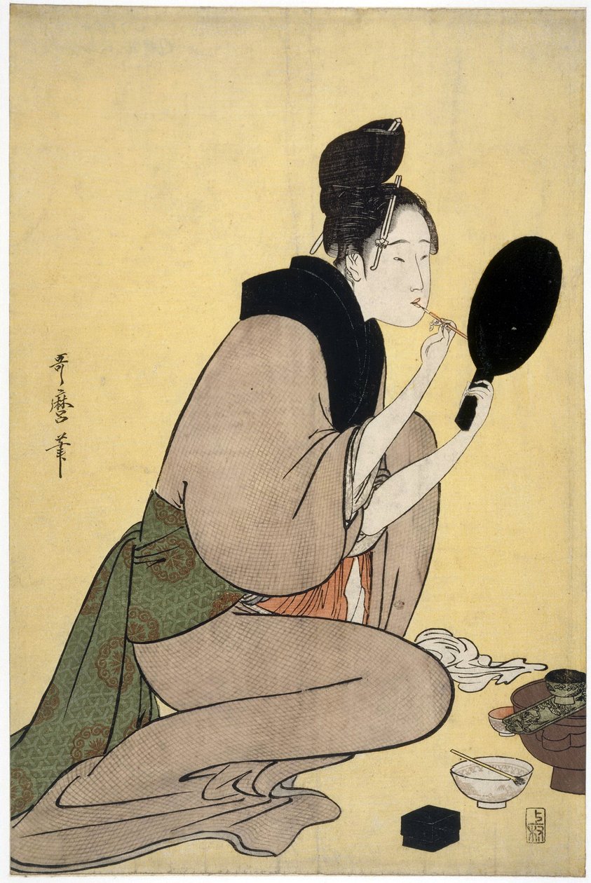 Güzellik üzerine: dudaklarını oluşturan kadın - Bijin-ga. Dudaklarına makyaj yapan kız, Utamaro, Kitagawa (1753-1806), - Renkli gravür, 37.7x25.2 - Özel Koleksiyon by Kitagawa Utamaro