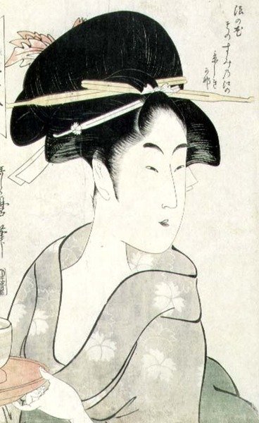 TH Riches 1913 "Meisho Koshikake Hakkei" serisinden elinde çay bardağı tutan bir kadının büst portresi (tahta baskı) by Kitagawa Utamaro