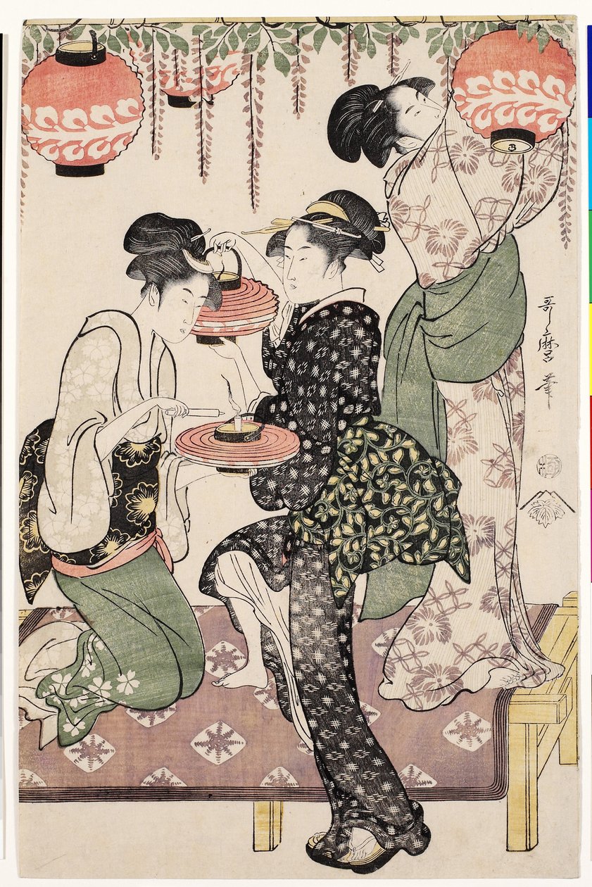Bir wistaria espalier altında çayevi kızları, 1795 by Kitagawa Utamaro