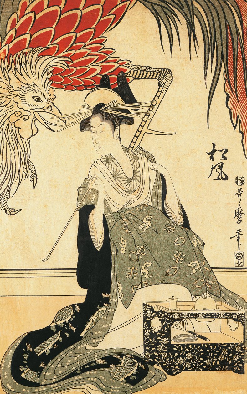 Kitagawa Utamaro tarafından bir Pipo ile Oiran Matsuzake, gravür by Kitagawa Utamaro
