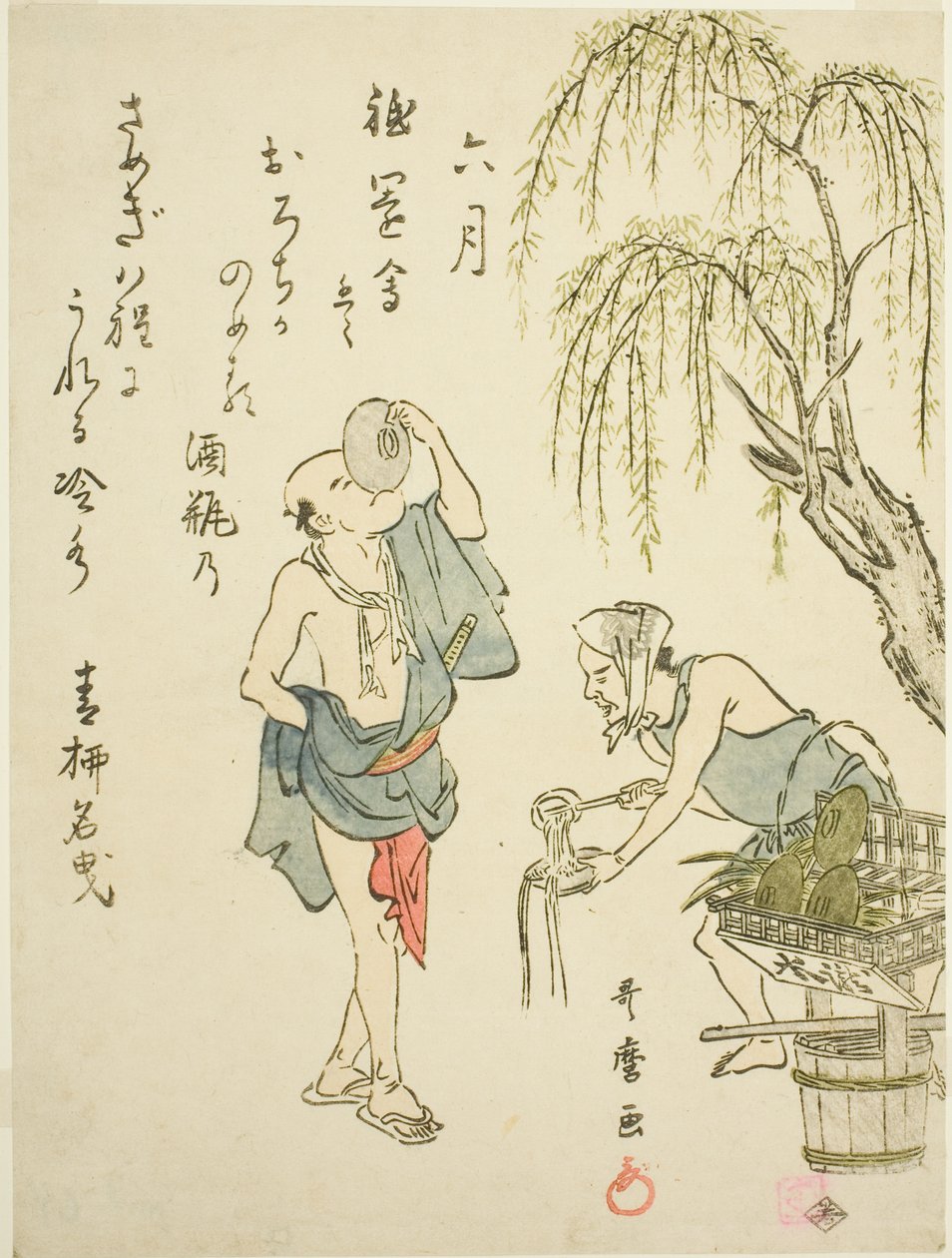 Altıncı Ay (Rokugatsu), on iki ayda tür sahnelerinin isimsiz bir dizisinden, kyoka şiirleriyle by Kitagawa Utamaro