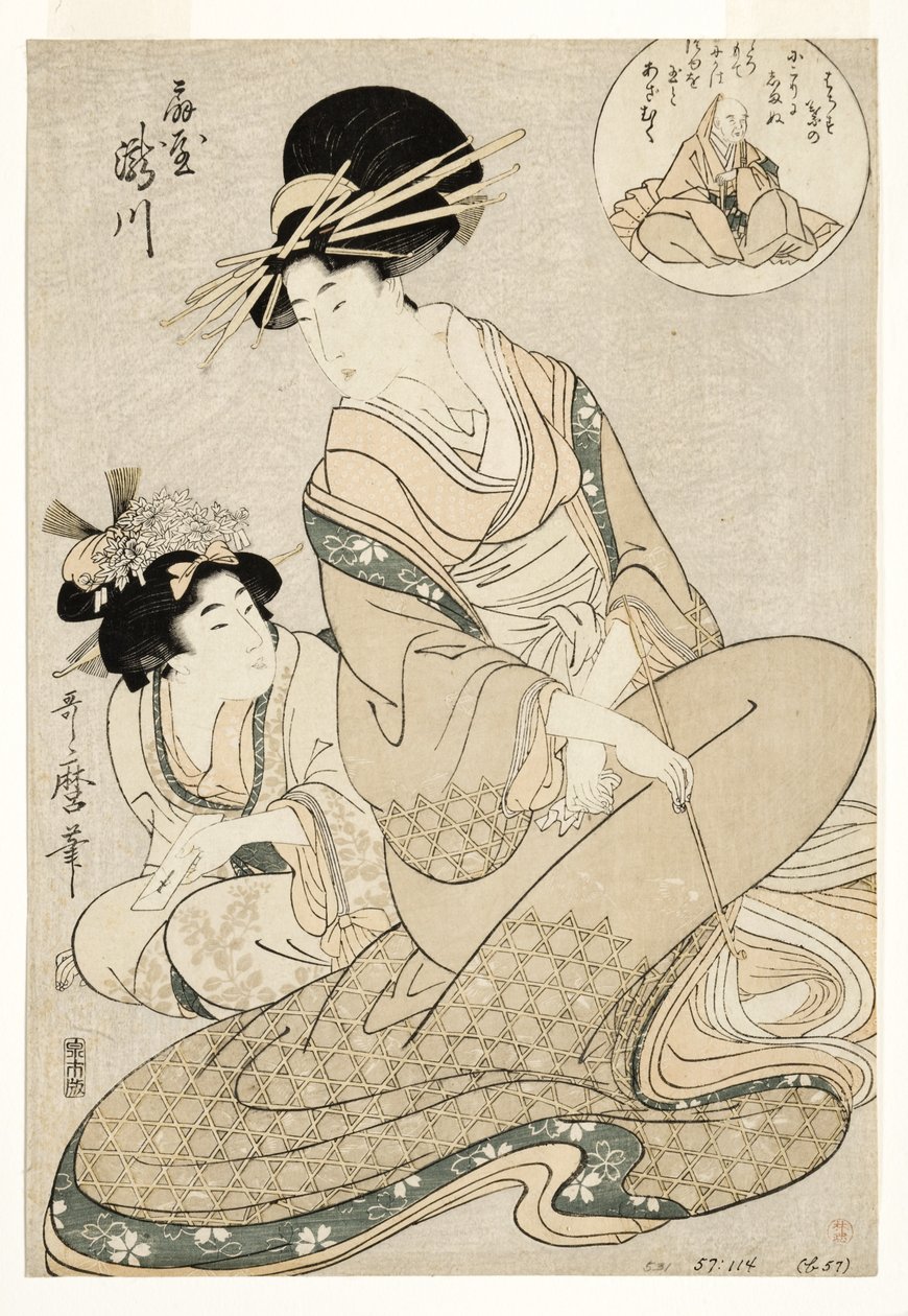 Ogiya'dan fahişe Takigawa ve hizmetçisi şaire imada, 1800-02 (tahta blok) by Kitagawa Utamaro