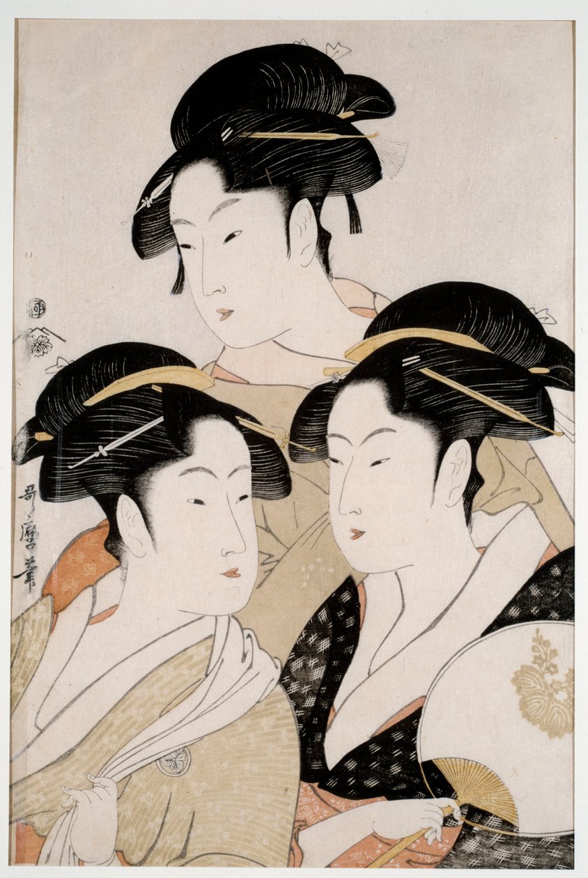 Zamanımızın üç güzeli. Utamaro Kitagawa (1753 - 1806) tarzı Ukiyo-E tarafından Japon baskısı, yaklaşık 1794. Paris, Musee Guimet by Kitagawa Utamaro