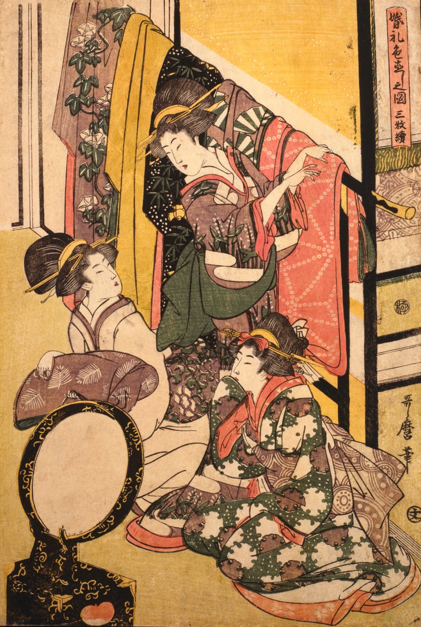 Bir giyim mağazasında üç kız by Kitagawa Utamaro