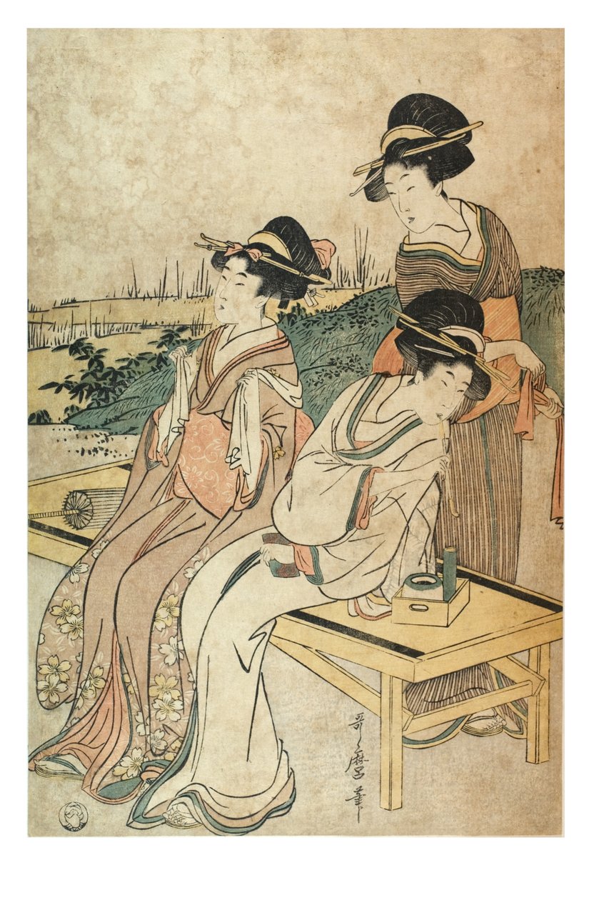 Manzarada üç kadın, boş zamanlarında, c.1800-1801 (kağıda tahta baskı) by Kitagawa Utamaro