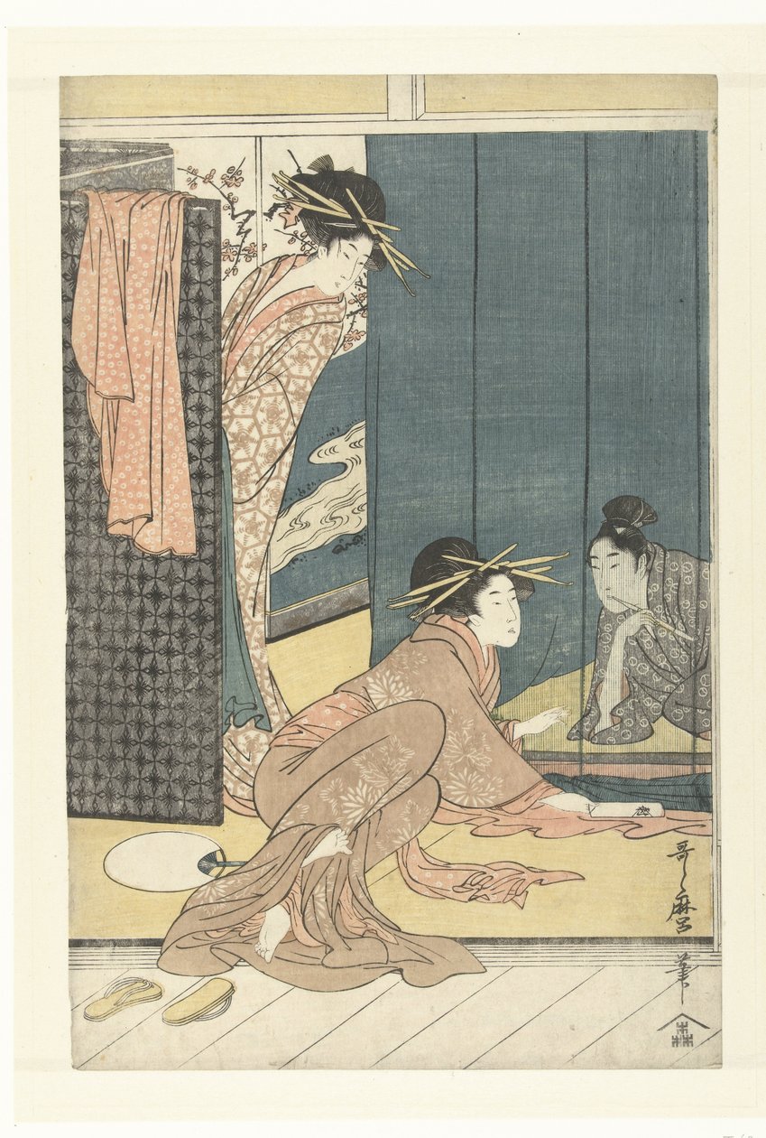 İki fahişe ve bir cibinlik altında genç bir adam by Kitagawa Utamaro