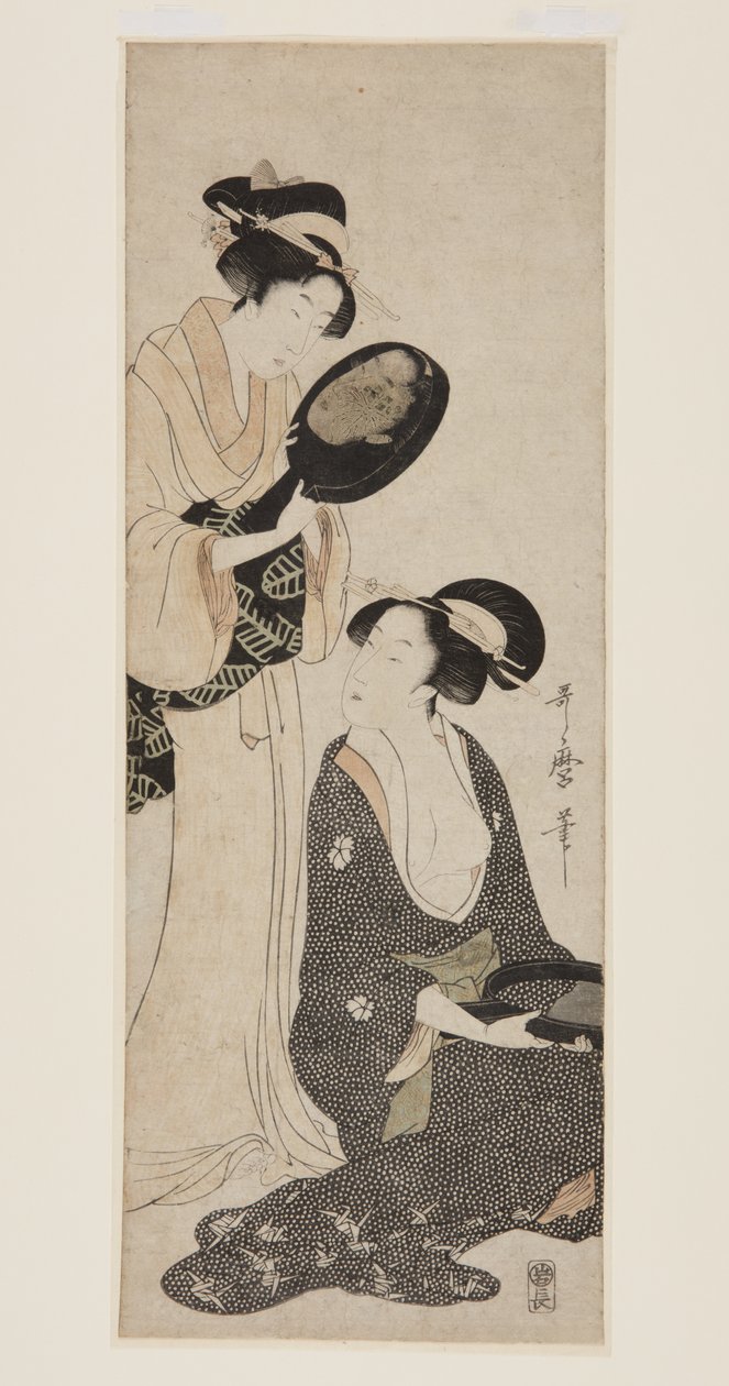 İki Bayan, Her Biri Lake Aynalı (renkli ahşap baskı) by Kitagawa Utamaro