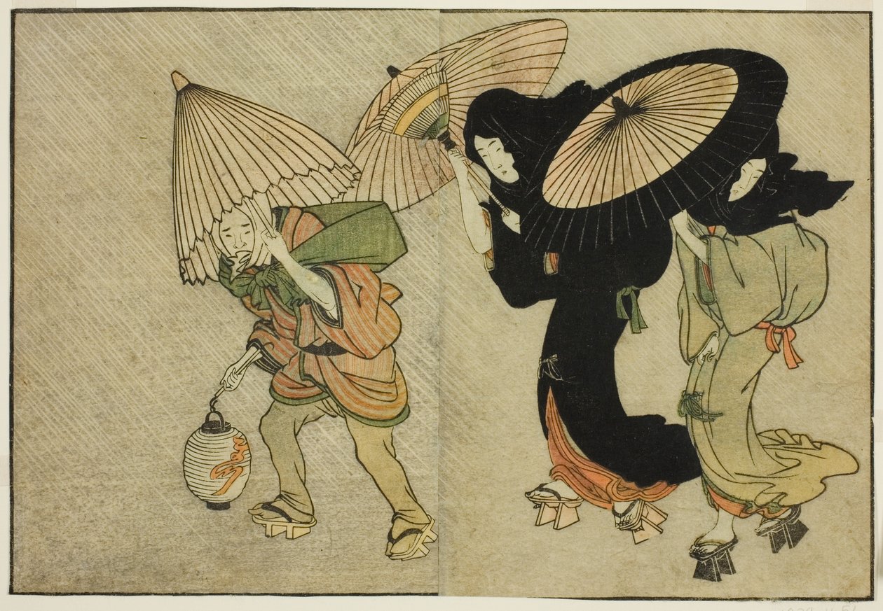 Fırtınaya Yakalanan İki Kadın ve Görevli, "Resimli Kitap: Dört Mevsim Çiçekleri (Ehon shiki no hana)" adlı resimli kitaptan, cilt. 2 by Kitagawa Utamaro