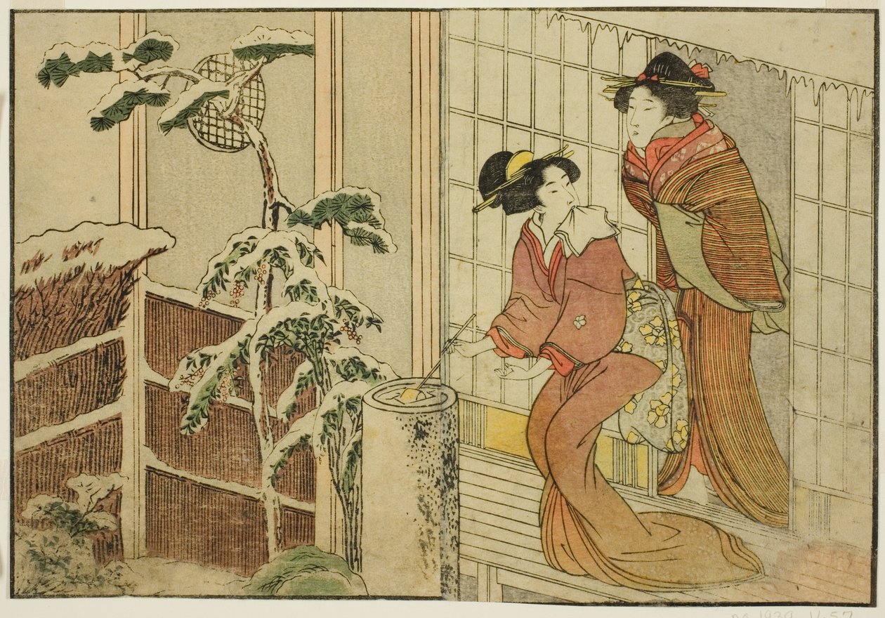 Karlı Bir Sabahta Verandada İki Kadın, resimli kitaptan "Resimli Kitap: Dört Mevsim Çiçekleri (Ehon shiki no hana)," cilt. 2 by Kitagawa Utamaro
