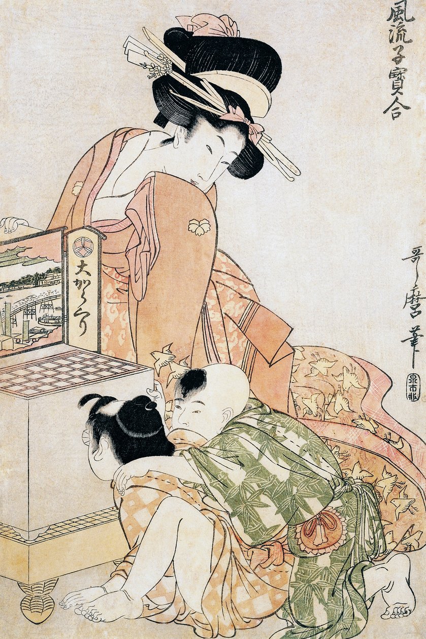 Büyük optik kutuya bakan iki çocuk by Kitagawa Utamaro