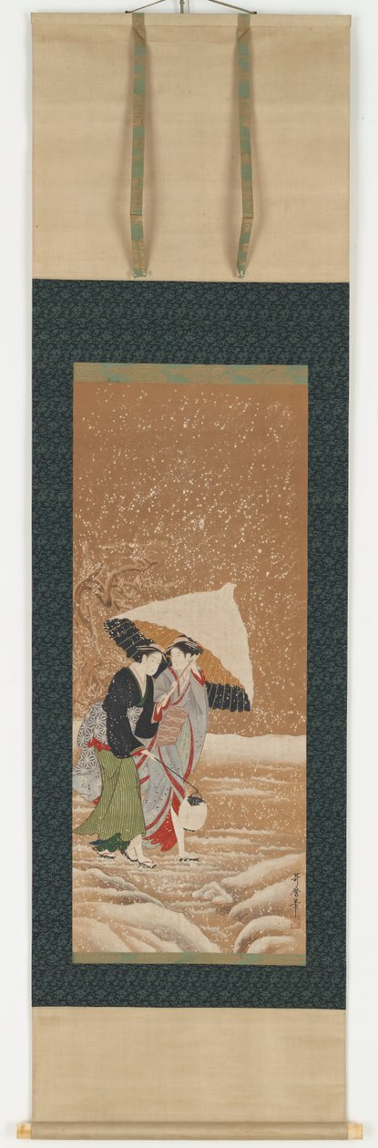 Kar fırtınasında şemsiye altında iki kız, 1753-1806. by Kitagawa Utamaro