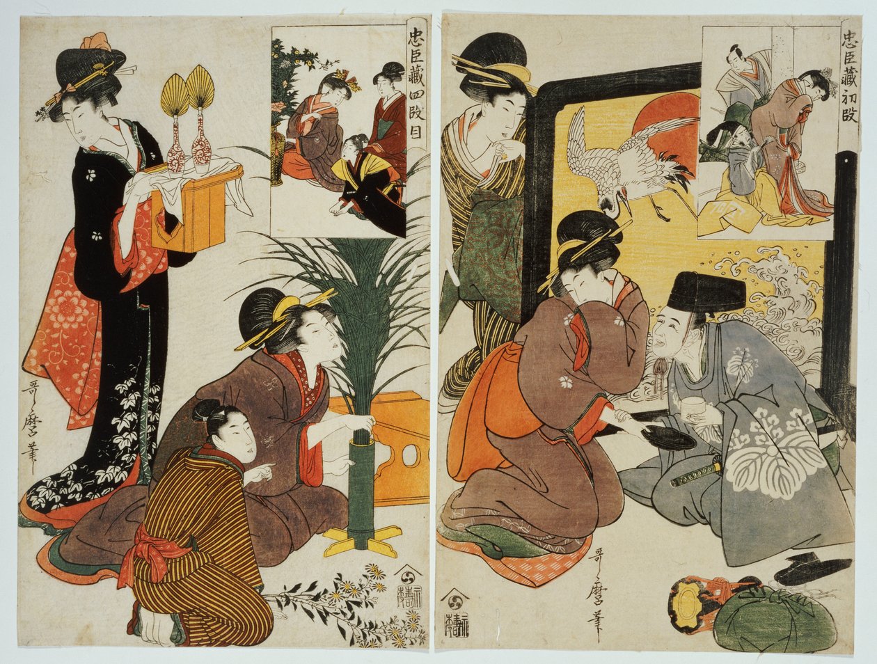"Sadık Lig" dizisinden bir Edo Dönemi evinin günlük yaşamını anlatan iki sahne by Kitagawa Utamaro