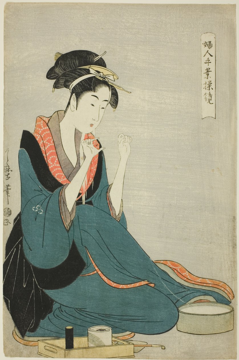 "Kadın El Sanatları: Beceri Modelleri" ("Fujin tewaza ayatsuri kagami") serisinden bağlama ipliği by Kitagawa Utamaro