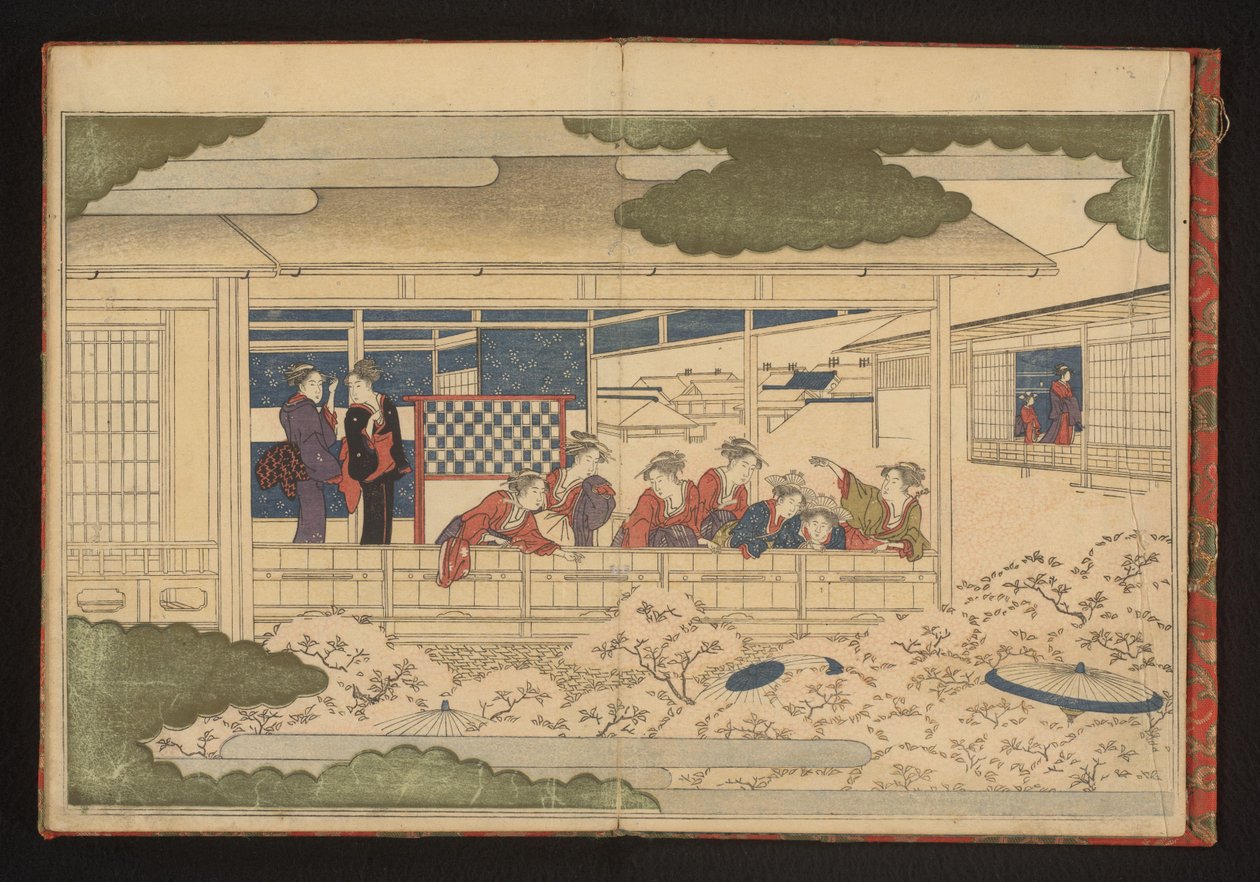 Yoshiwara zevk mahallesindeki ana cadde Nakanochô'daki geçit törenini izlemek by Kitagawa Utamaro