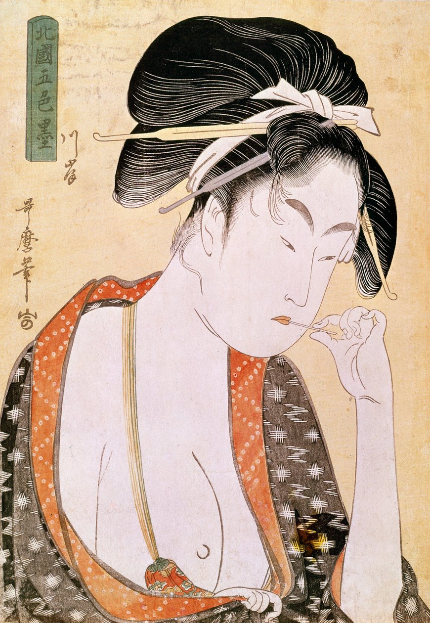 Dudakları özleyen kadın, Utamaro Kitagawa (1753-1806) tarafından Japon baskısı. 18. yüzyıl. Paris, Guimet Müzesi, Asya Sanatları Müzesi by Kitagawa Utamaro