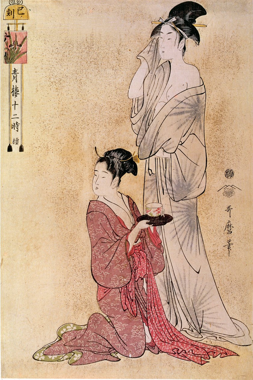 Kadının tuvaleti, Utamaro Kitagawa (1753-1806) tarafından yazılan Japon baskısı sayesinde yardımcı oluyor. 18. yüzyıl. Paris, Guimet Müzesi, Asya Sanatları Müzesi by Kitagawa Utamaro