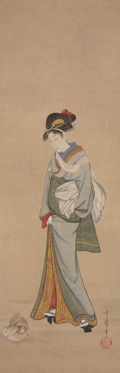 köpek yavrusu olan kadın by Kitagawa Utamaro