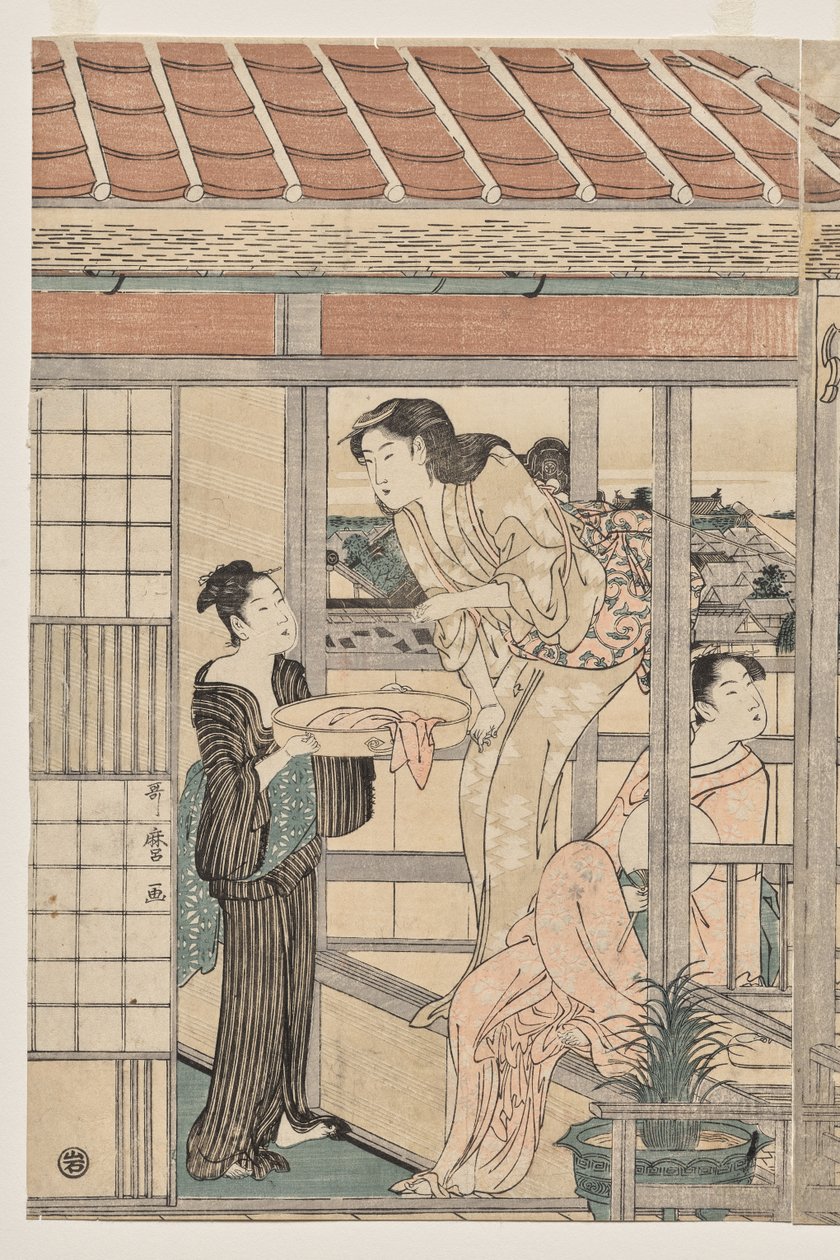 Balkonda Kurutmak İçin Çamaşır Asan Kadınlar by Kitagawa Utamaro