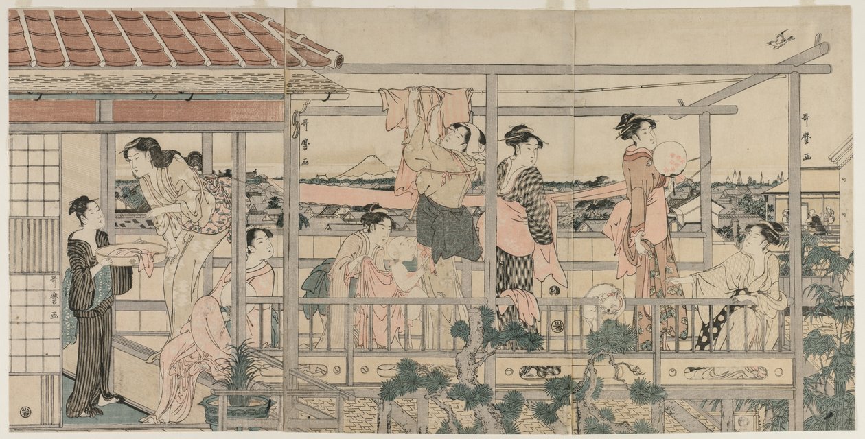 Balkonda Kurutmak İçin Çamaşır Asan Kadınlar by Kitagawa Utamaro