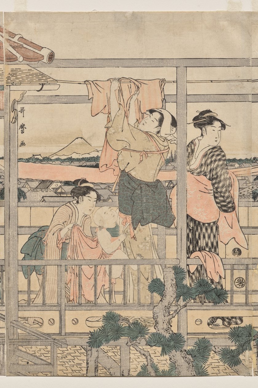 Balkonda Kurutmak İçin Çamaşır Asan Kadınlar by Kitagawa Utamaro