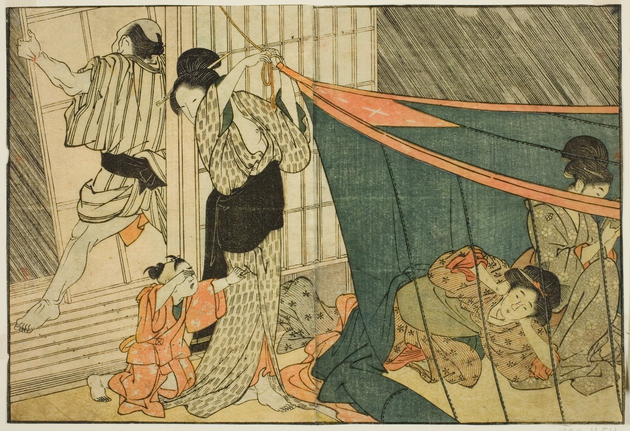 Fırtına Sırasında Cibinlik İçinde Kadınlar, resimli kitaptan "Resimli Kitap: Dört Mevsim Çiçekleri (Ehon shiki no hana)," cilt. 1 by Kitagawa Utamaro