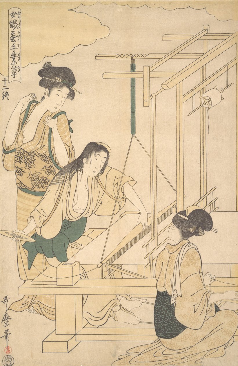 İpek Kumaş Dokuyan Kadınlar, yak. 1800. by Kitagawa Utamaro