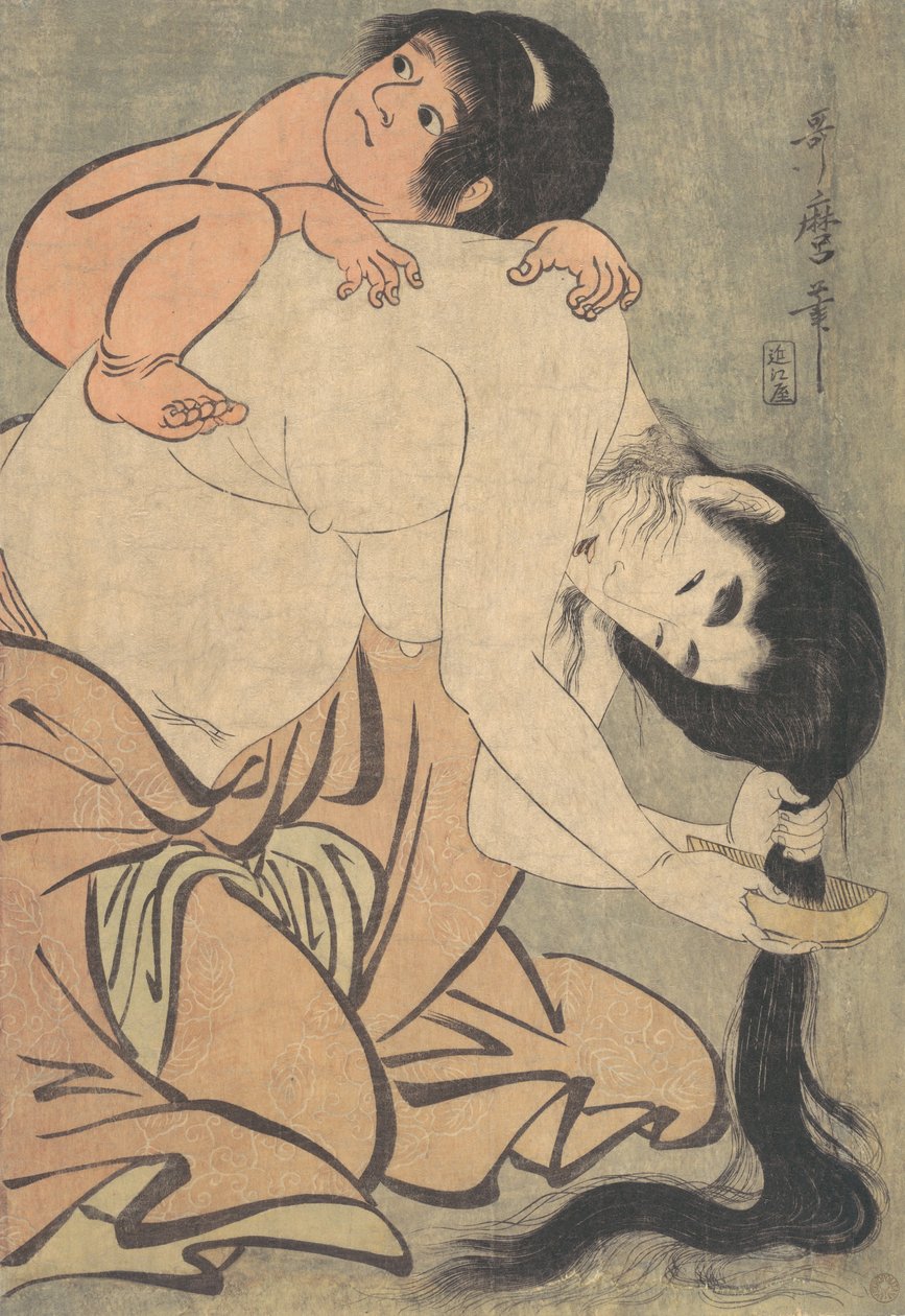 Saçını Taran Yamauba ve Kintoki, yak. 1801. by Kitagawa Utamaro