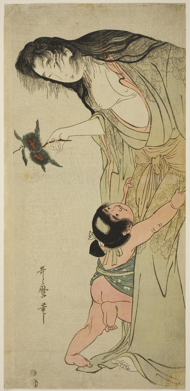 Kintaro Onlara Uzanırken Yamauba Kestaneleri Tutuyor, c.1804-5 (renkli tahta baskı; naga-oban) by Kitagawa Utamaro