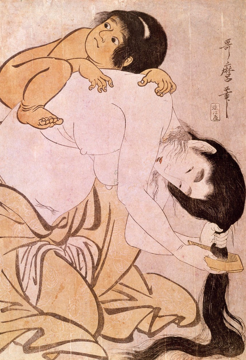 Yamauba ve Kintoki Anne, çocuğunu sırtında taşırken saçlarını tarar. Utamaro Kitagawa (1753-1806) tarafından Japon baskısı. 18. yüzyıl. Paris, Guimet Müzesi, Asya Sanatları Müzesi by Kitagawa Utamaro