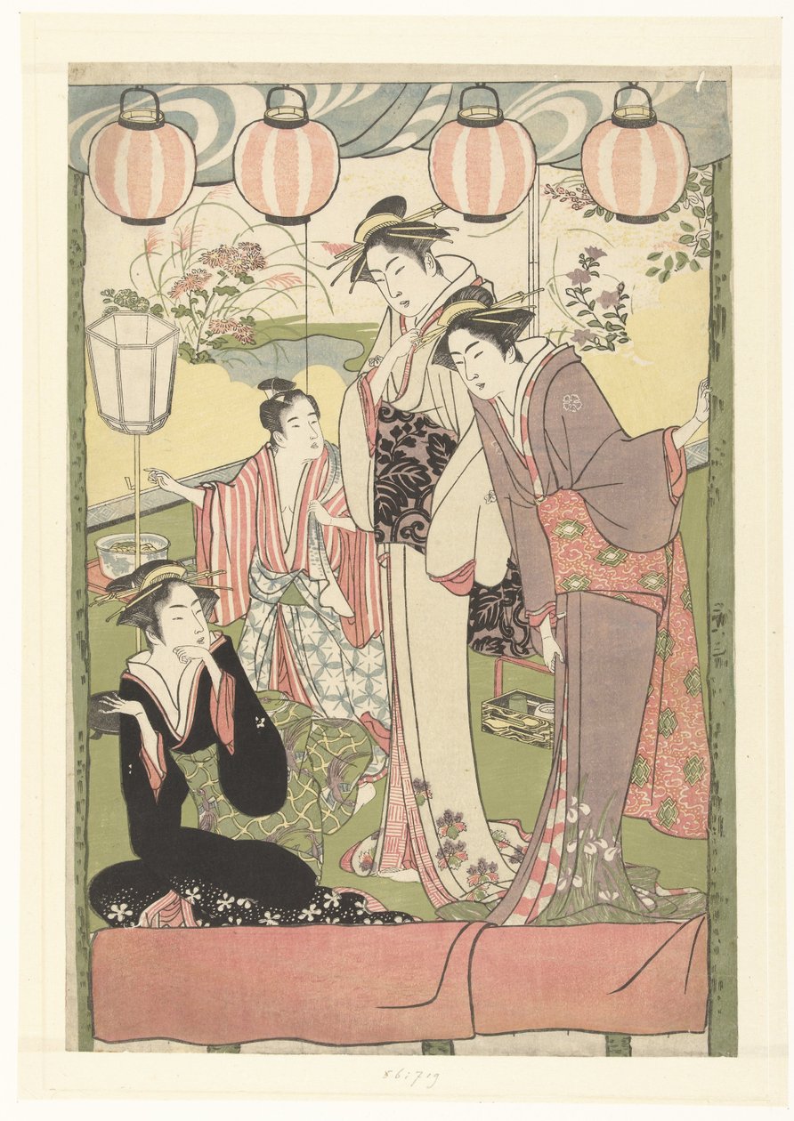 Fenerlerin altında üç kadın ve bir çocuk by Kitao Masanobu (attributed to)