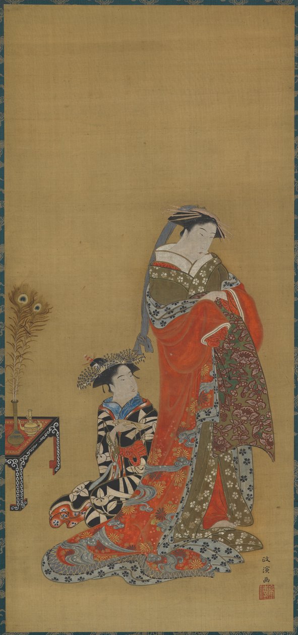 18. yüzyılın sonları ve 19. yüzyılın başlarında bir cariye ve hizmetçi. by Kitao Masanobu
