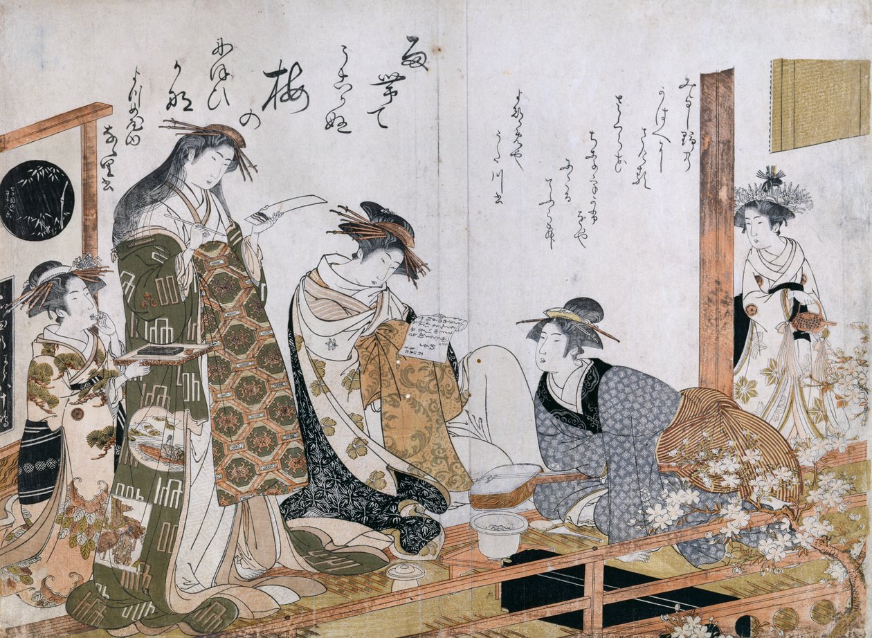 Kimono giyen fahişeler, Yotsuba Evi'nden fahişeler Utagawa ve Nanasato'dan illüstrasyon by Kitao Masanobu