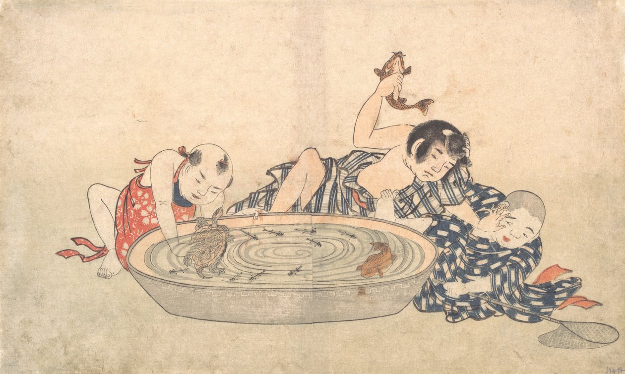 19. yüzyılın başlarında Balık ve Kaplumbağalarla Oynayan Oğlanlar. by Kitao Shigemasa