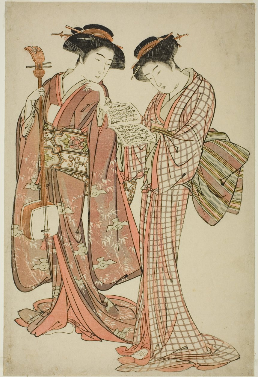 Shamisen ve Şarkı Kitabı Tutan İki Geyşa by Kitao Shigemasa