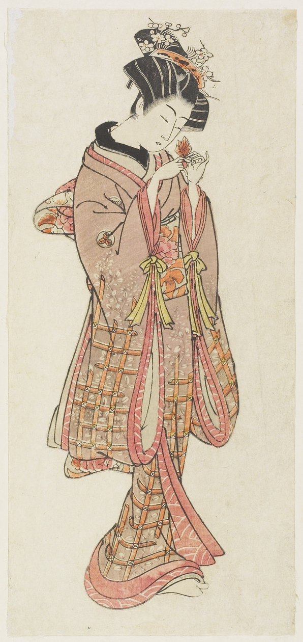 Yer Kirazını İnceleyen Genç Kadın, 18. yüzyıl sonu (renkli tahta baskı) by Kitao Shigemasa